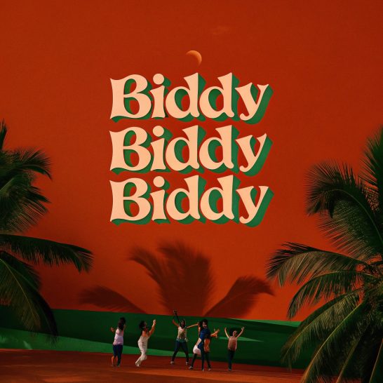 Text reading "Biddy Biddy Biddy" with palm trees and an orange sunset background.