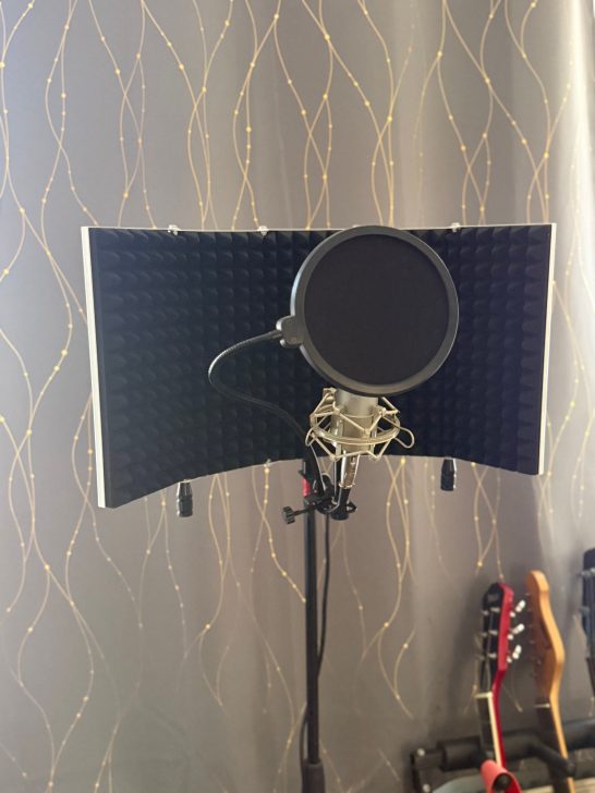 Microphone setup with pop filter and soundproofing panel in a recording space.